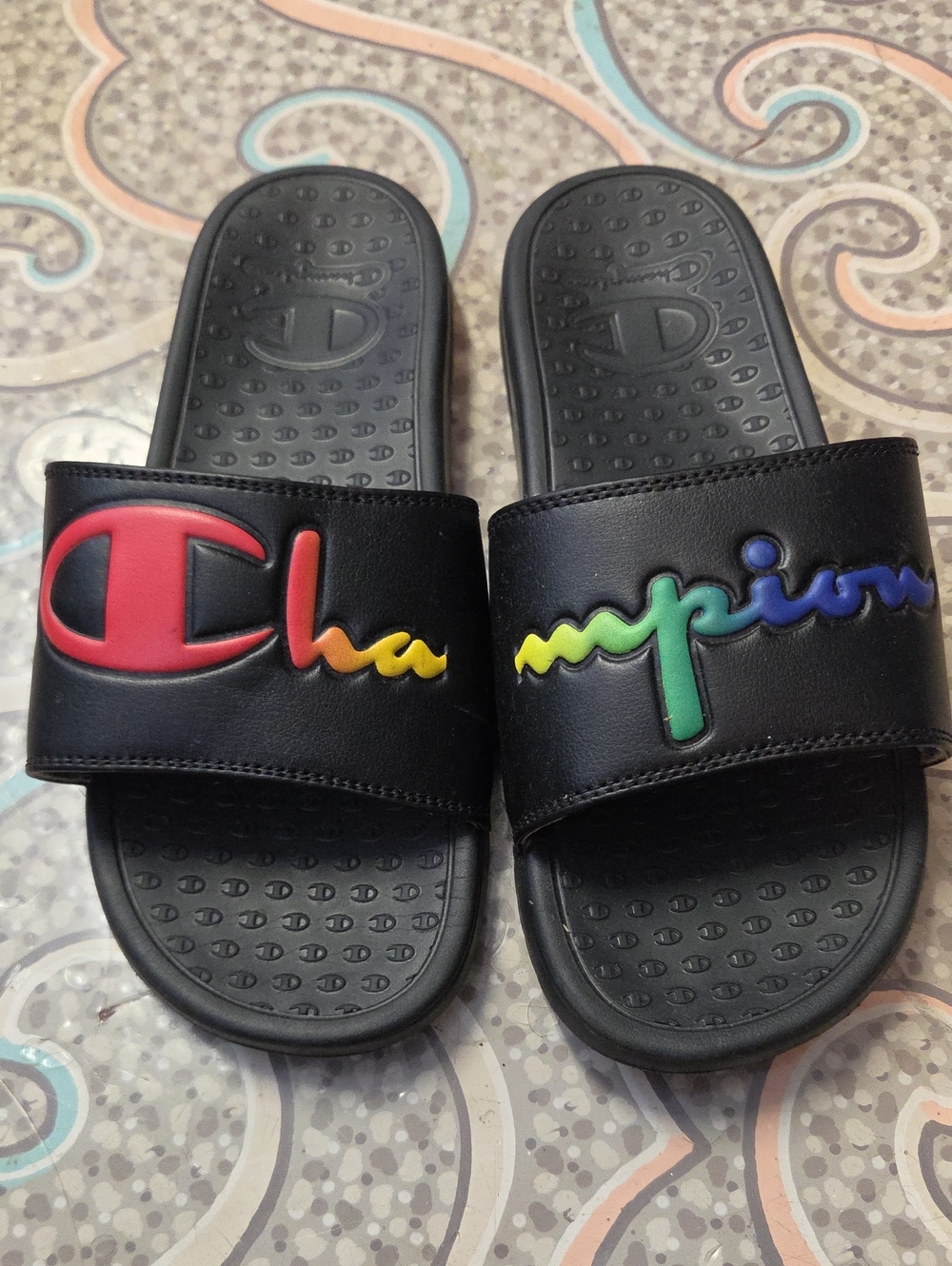 Champion Black Womens Slide Sandals with Rainbow Script Logo